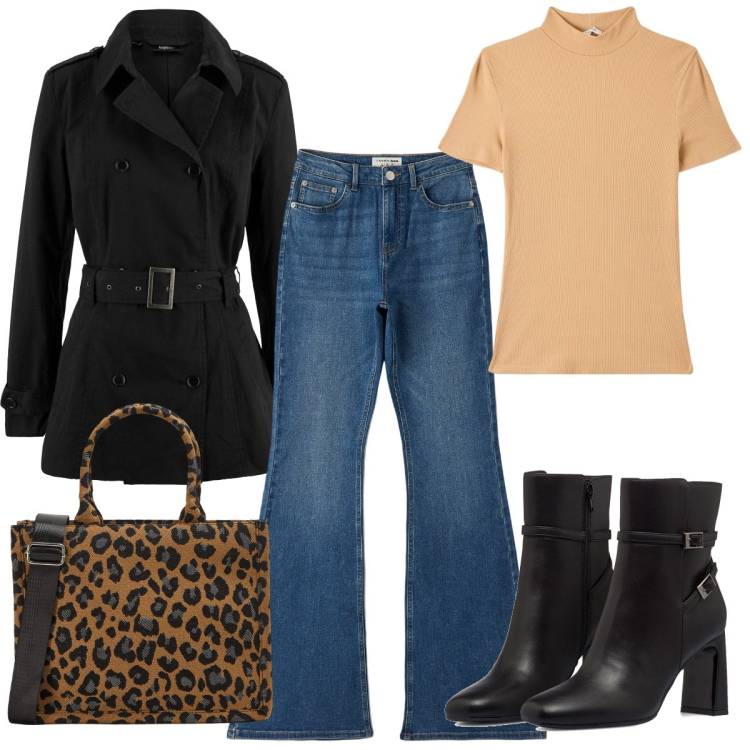 Outfit donna - Trench corto. Stile Trendy per Ufficio. Abbinamento con trench, jeans a zampa, shopping bag, t-shirt, stivaletti.
