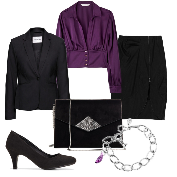 Outfit donna - Bella di sera. Stile Casual chic per Serata fuori. Abbinamento con blazer, décolleté, bluse, pochette, gonne longuette, braccialetti.