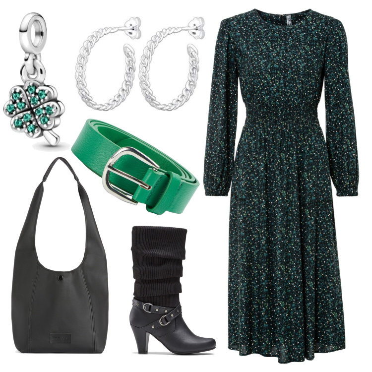 Outfit donna - Abito fantasia. Stile Boho per Tutti i giorni. Abbinamento con vestiti midi/longuette, stivali, cinture, borse a spalla, ciondoli, orecchini.