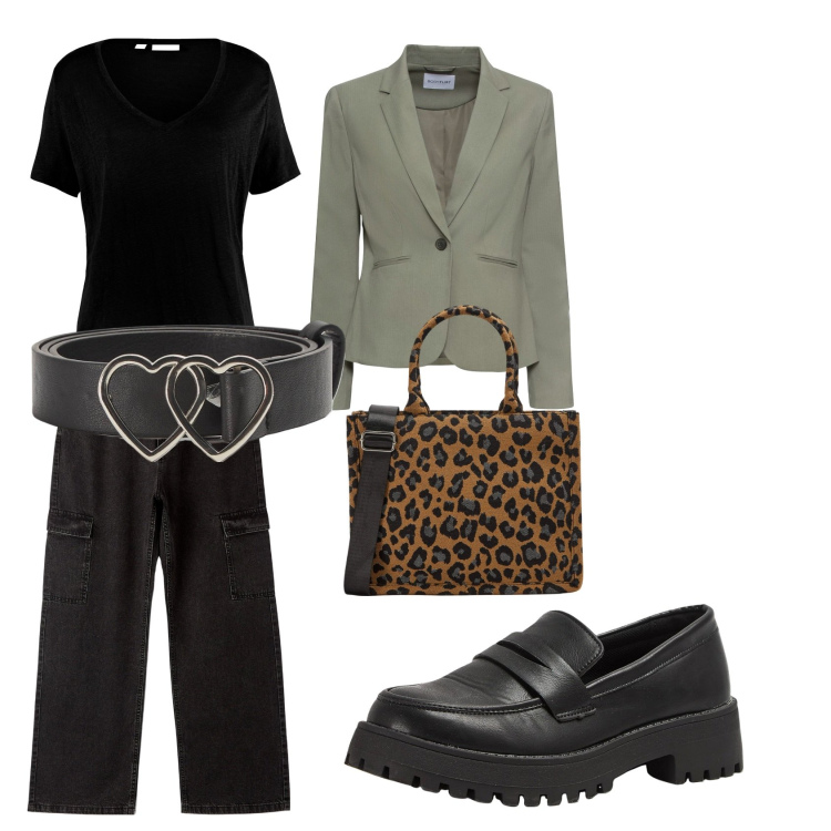 Outfit donna - Every day. Stile Casual per Ufficio. Abbinamento con blazer, maglieria, jeans, shopping bag, cinture, mocassini.