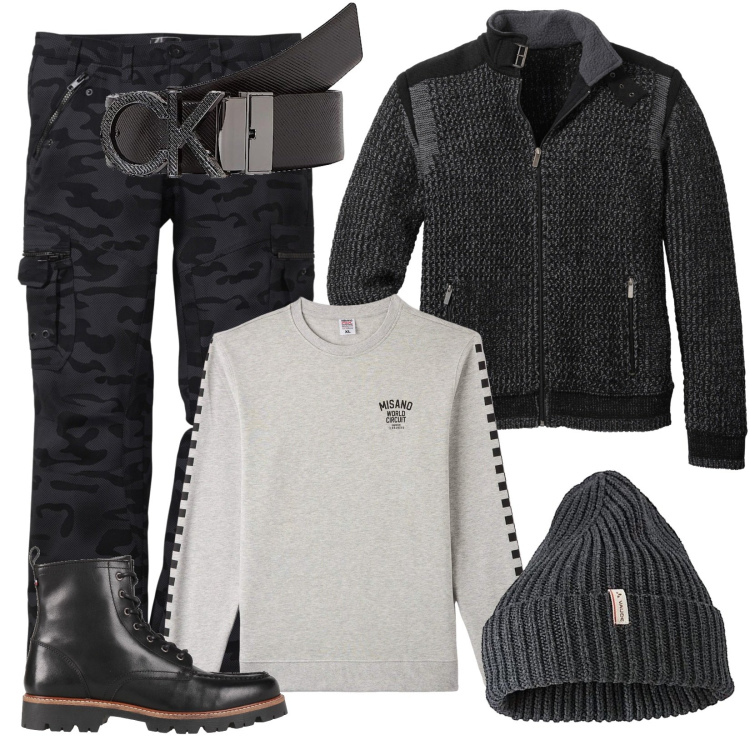 Outfit uomo - Mattina di commissioni. Stile Biker Rock per Tutti i giorni. Abbinamento con cardigans, pantaloni cargo, anfibi, felpe, cinture, berretti.