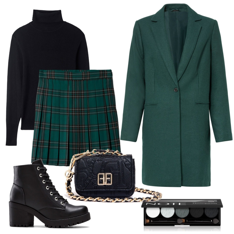 Outfit donna - Tartan verde. Stile Preppy per Tutti i giorni. Abbinamento con stivaletti, cappotti, ombretti, minigonne, maglieria, marsupi.