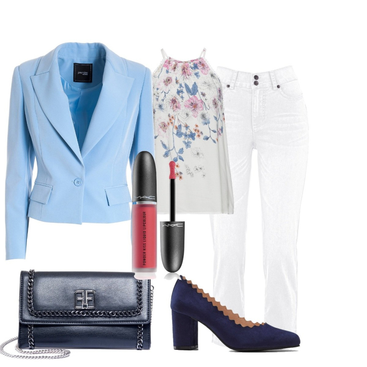 Outfit donna - Total look #1724986. Stile Bon Ton per Serata fuori. Abbinamento con top, jeans slim fit, décolleté, rossetti, blazer, pochette.