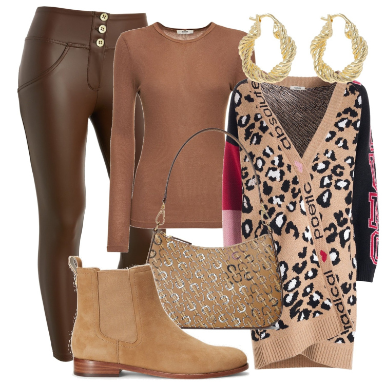 Outfit donna - Seconda pelle. Stile Chic per Ufficio. Abbinamento con cardigans, pantaloni skinny, stivaletti chelsea, borse a spalla, t-shirt, orecchini.