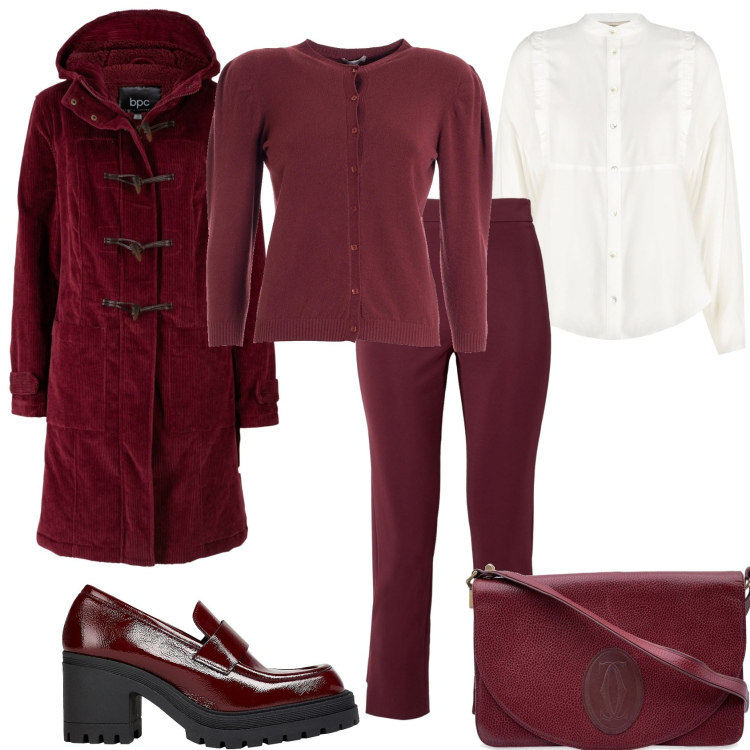 Outfit donna - Rosso scuro di mattina. Stile Casual chic per Tutti i giorni. Abbinamento con montgomery, mocassini, borse a spalla, pantaloni, camicie, cardigans.