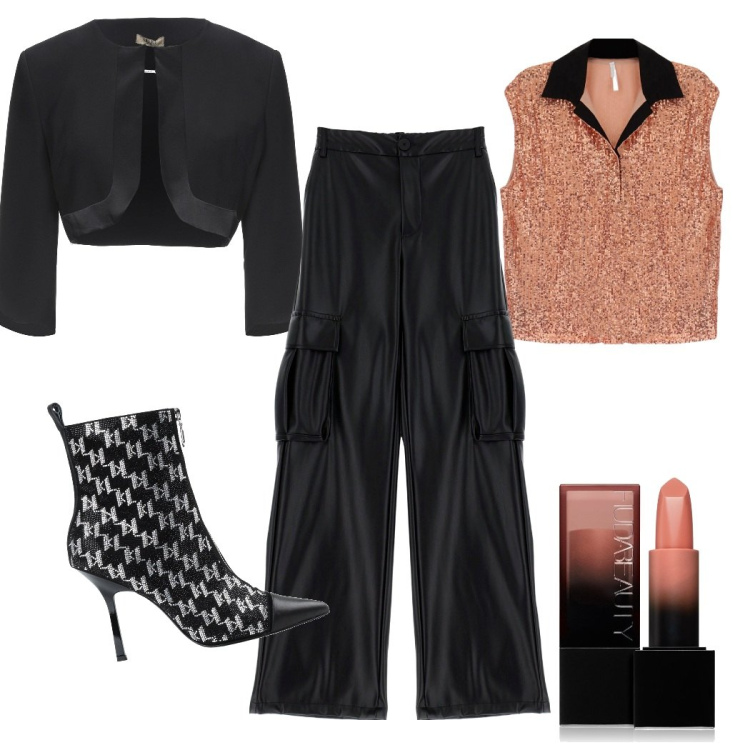 Outfit donna - Total look #1725020. Stile Trendy per Serata fuori. Abbinamento con blazer, stivaletti, rossetti, canottiere, pantaloni a palazzo.