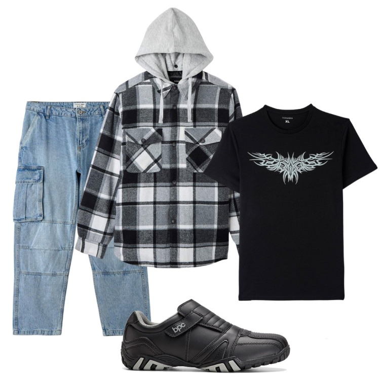Outfit uomo - Domani vado a scuola. Stile Urban per Tutti i giorni. Abbinamento con scarpe stringate, cappotti, t-shirt, jeans.