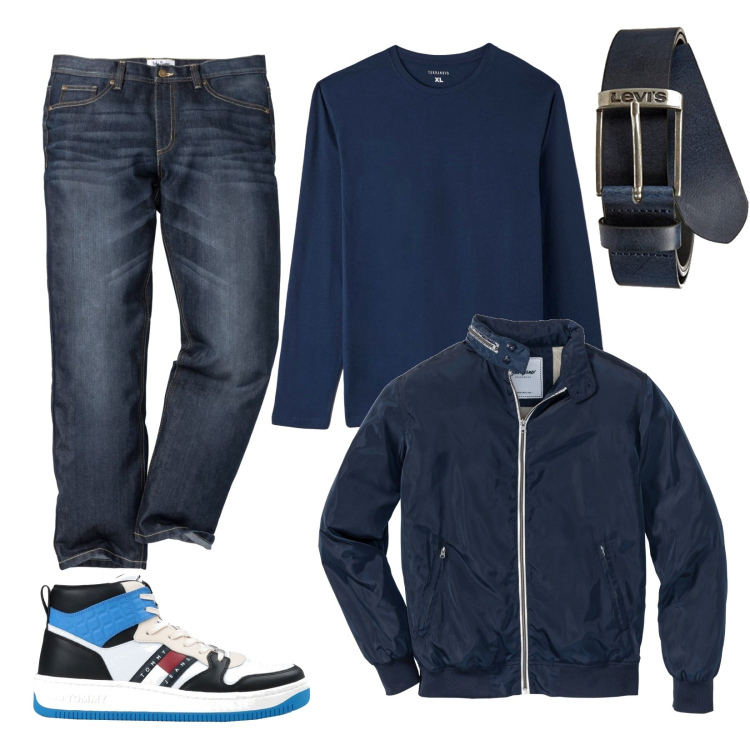 Outfit uomo - Total blu. Stile Casual per Tutti i giorni. Abbinamento con jeans dritti, giacche, sneakers alte, t-shirt, cinture.
