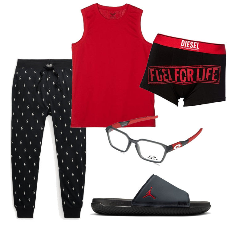 Outfit uomo - My home. Stile Casual per Tutti i giorni. Abbinamento con pantaloni, occhiali da sole, sandali, abbigliamento da notte, boxer.
