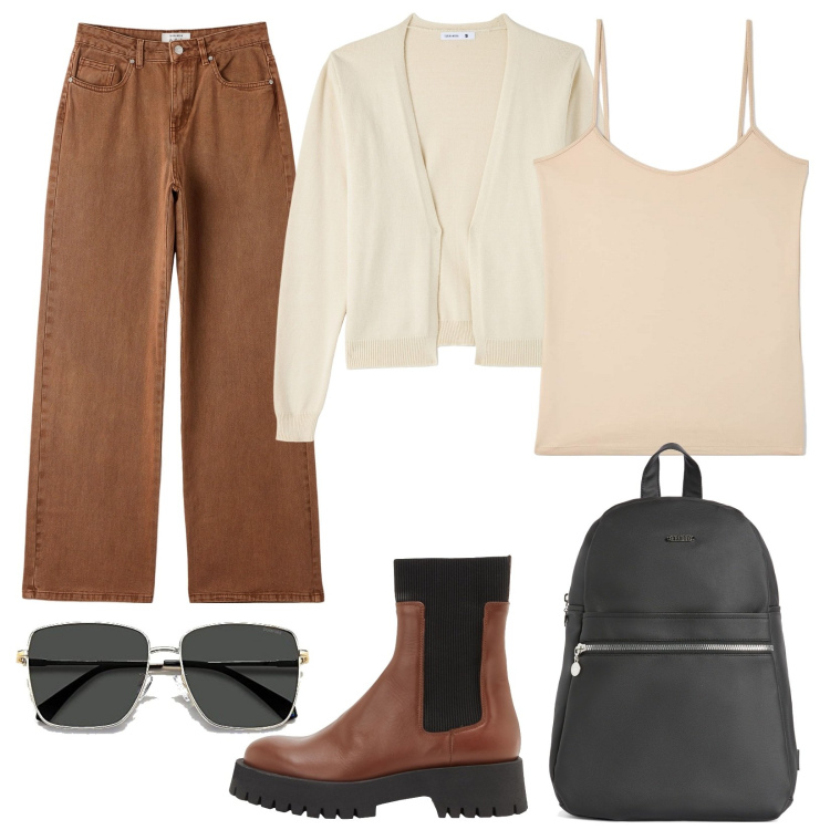 Outfit donna - In università. Stile Basic per Scuola/Università. Abbinamento con stivaletti, pantaloni, cardigans, top, zaini, occhiali da sole.