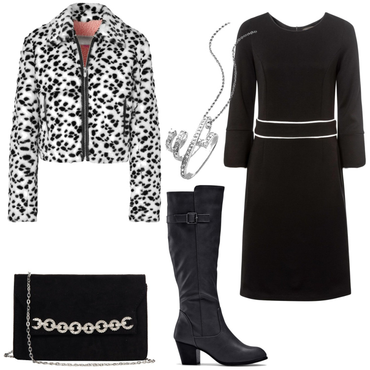 Outfit donna - A cena fuori. Stile Trendy per Serata fuori. Abbinamento con stivali, vestiti, cappotti, pochette, ciondoli.