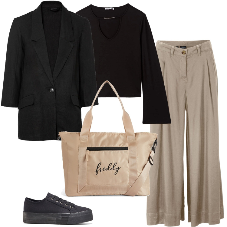 Outfit donna - In sneakers. Stile Basic per Tutti i giorni. Abbinamento con sneakers, pantaloni capri, blazer, t-shirt, borse tote.