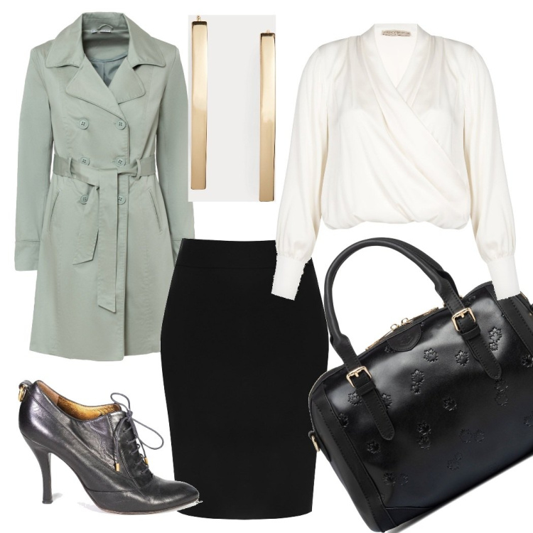 Outfit donna - Romantica in ufficio. Stile Romantica per Ufficio. Abbinamento con borse a mano, orecchini, gonne, bluse, décolleté, trench.