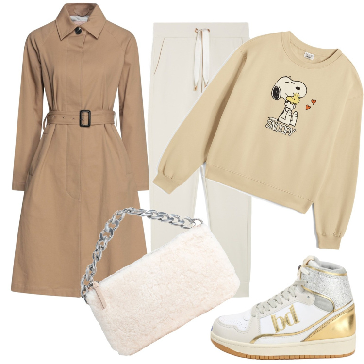 Outfit donna - In ufficio. Stile Casual chic per Ufficio. Abbinamento con cappotti, borse a mano, sneakers alte, felpe, pantaloni.
