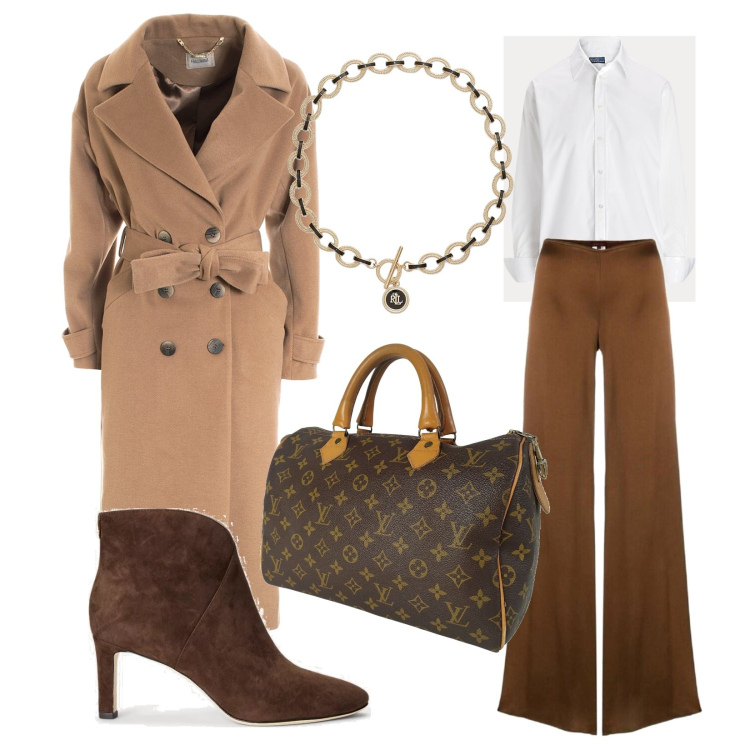 Outfit donna - Total look #1725154. Stile Chic per Ufficio. Abbinamento con borse a mano, pantaloni a palazzo, cappotti, camicie, stivaletti, ciondoli.