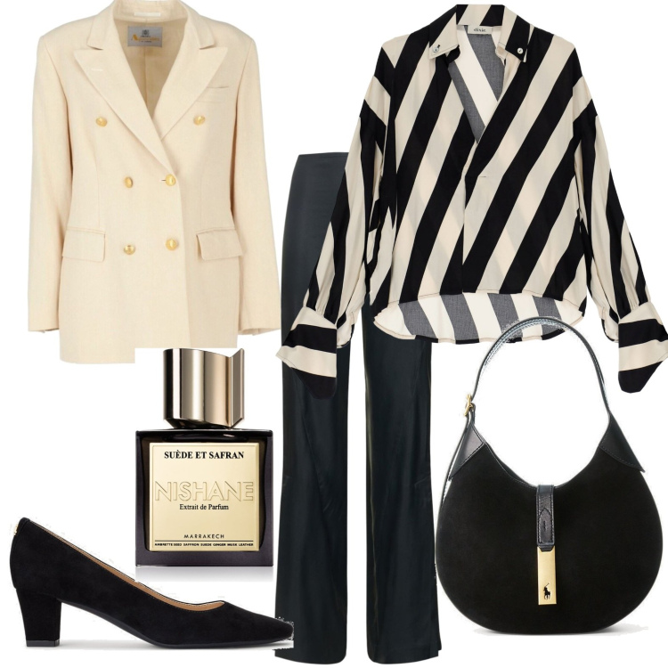Outfit donna - Serata. Stile Chic per Serata fuori. Abbinamento con blazer, profumi, camicie, décolleté, borse a spalla, pantaloni.