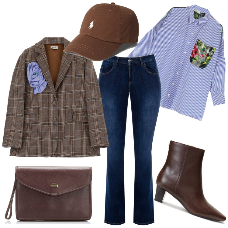 Outfit donna - Dandy. Stile Trendy per Tutti i giorni. Abbinamento con borse a spalla, jeans a zampa, cappelli, stivaletti, blazer, camicie.