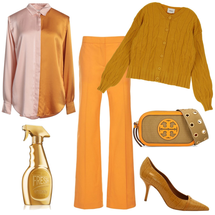 Outfit donna - Ocra a settembre. Stile Casual chic per Tutti i giorni. Abbinamento con camicie, décolleté, profumi, pullovers, pantaloni, shopping bag.