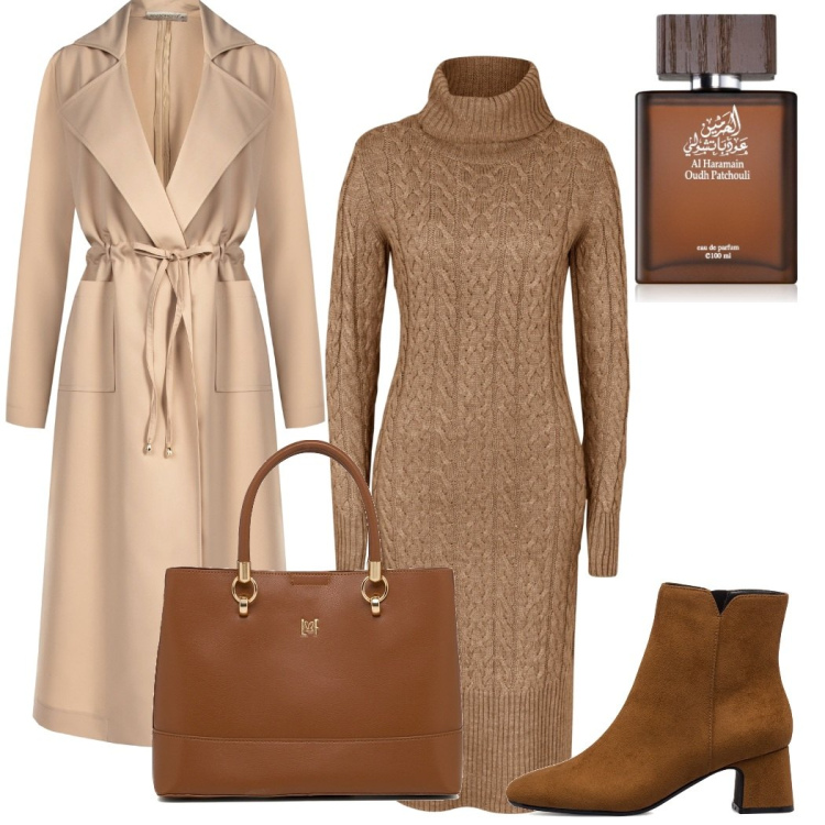 Outfit donna - Colori dell\' autunno. Stile Minimal per Tutti i giorni. Abbinamento con vestiti midi/longuette, profumi, trench, stivaletti, borse a mano.