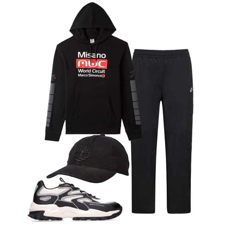 Outfit uomo - Sportivo in nero. Stile Casual per Tutti i giorni. Abbinamento con felpe con cappuccio, sneakers, pantaloni cargo, cappelli con visiera.