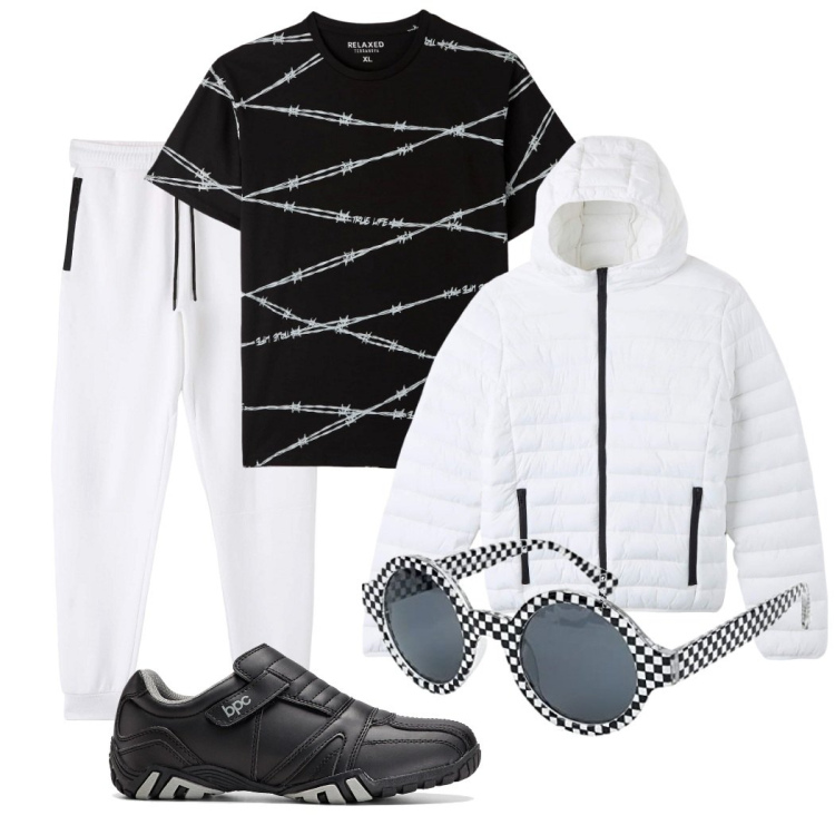 Outfit uomo - Trendy mattutino. Stile Trendy per Tutti i giorni. Abbinamento con scarpe stringate, t-shirt, pantaloni, cappotti, occhiali da sole.