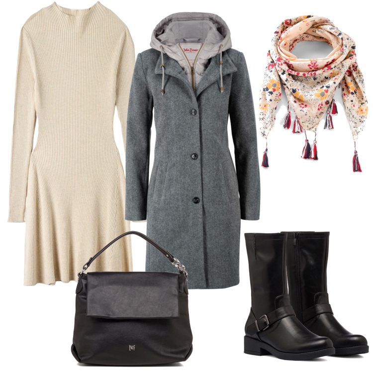 Outfit donna - Beige e grigio. Stile Basic per Tutti i giorni. Abbinamento con cappotti, foulard, vestiti midi/longuette, borse a spalla, stivaletti.