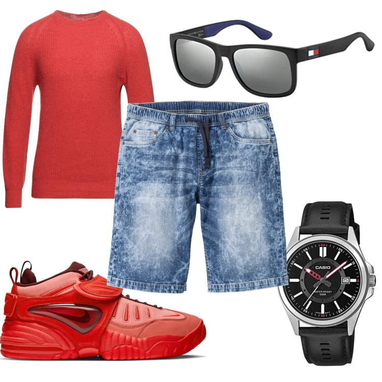Outfit uomo - Giorni di sole a settembre. Stile Trendy per Tutti i giorni. Abbinamento con bermuda, pullovers, sneakers, orologi analogici, occhiali da sole.