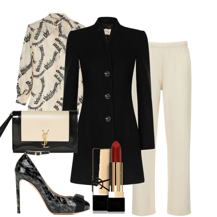 Outfit donna - Battesimo. Stile Chic per Cerimonia. Abbinamento con rossetti, décolleté, cappotti, camicie, pantaloni, pochette.