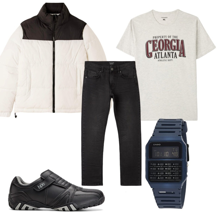 Outfit uomo - Total look #1725321. Stile Casual per Tutti i giorni. Abbinamento con scarpe stringate, jeans dritti, piumini, t-shirt, orologi.