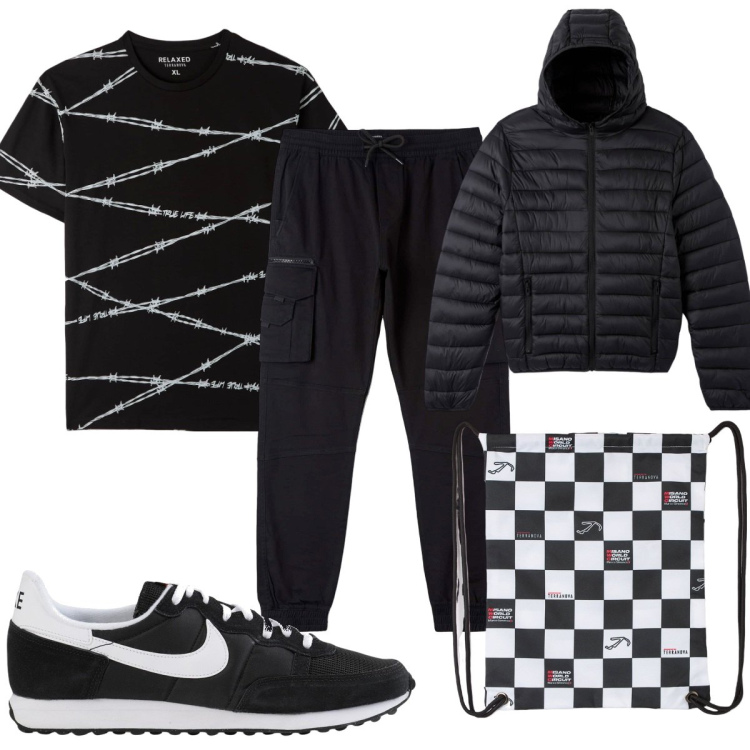 Outfit uomo - Total look #1725324. Stile Trendy per Sport. Abbinamento con sneakers, borse sportive, t-shirt, pantaloni cargo, cappotti.