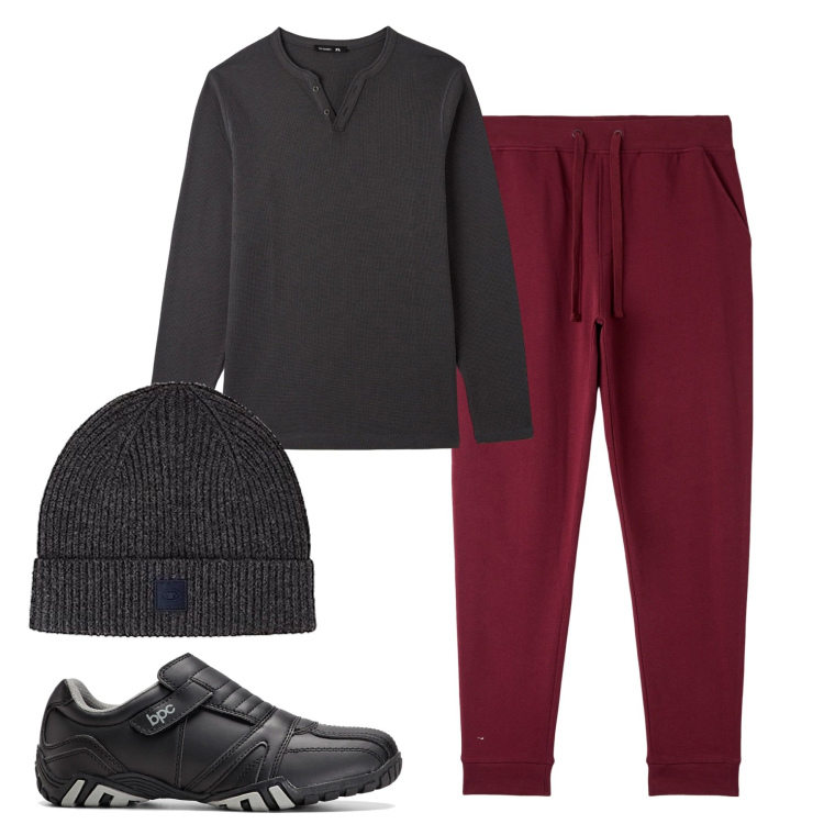 Outfit uomo - Sporty. Stile Casual per Tutti i giorni. Abbinamento con scarpe stringate, pantaloni sportivi, t-shirt, berretti.