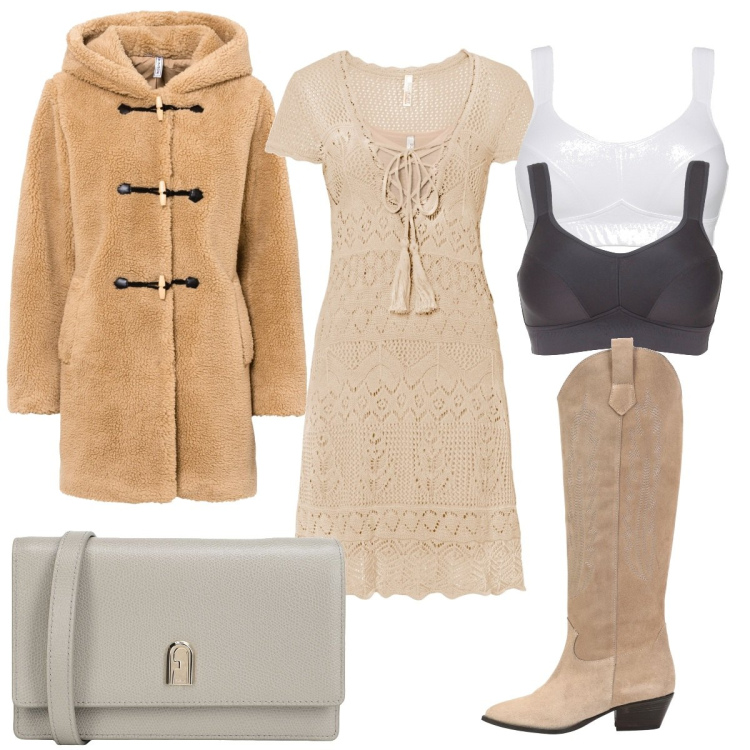Outfit donna - Boho in beige e grigio. Stile Boho per Tutti i giorni. Abbinamento con reggiseni, vestiti, montgomery, stivali, borse a tracolla.