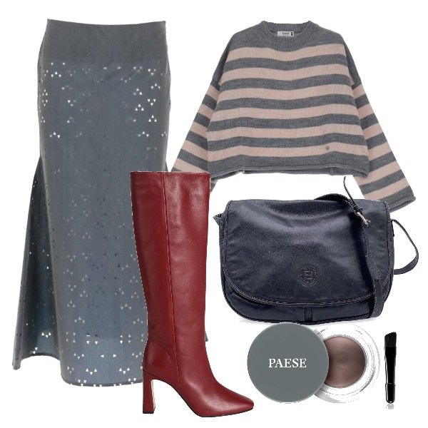 Outfit donna - Il polvere. Stile Basic per Ufficio. Abbinamento con gonne longuette, stivali, borse a spalla, mascara, pullovers.