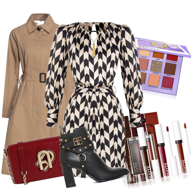 Outfit donna - Aperitivo Day Autunno. Stile Romantica per Serata fuori. look ideale per Petite. Abbinamento con cappotti, borse a tracolla, ombretti, rossetti, vestiti, stivaletti.
