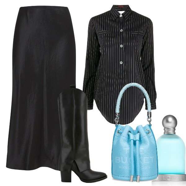 Outfit donna - Da giorno e da sera. Stile Trendy per Serata fuori. Abbinamento con camicie, profumi, stivali, borse a secchiello, gonne longuette.