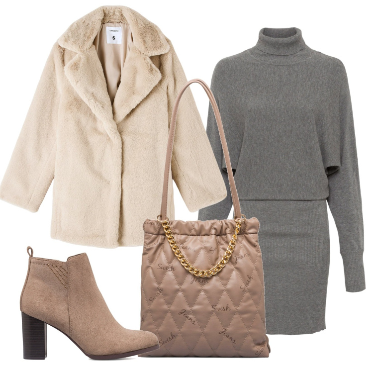 Outfit donna - Beige e grigio, abbinata top!. Stile Casual chic per Tutti i giorni. Abbinamento con vestiti, ecopellicce, stivaletti, borse a spalla.