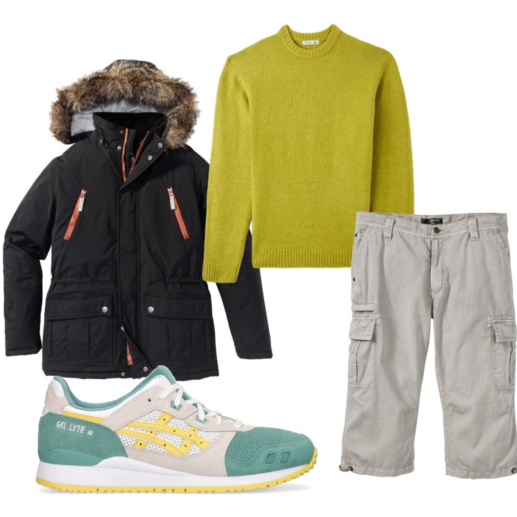 Outfit uomo - Total look #1725461. Stile Trendy per Tutti i giorni. Abbinamento con parka, bermuda, maglieria, sneakers.