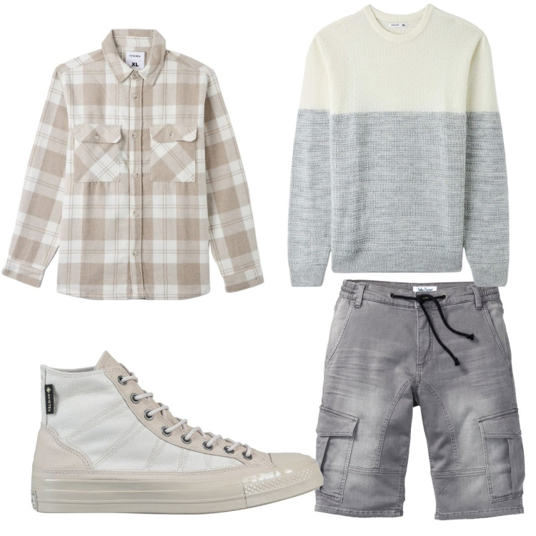 Outfit uomo - Total look #1725467. Stile Trendy per Tutti i giorni. Abbinamento con bermuda, sneakers alte, cappotti, maglieria.