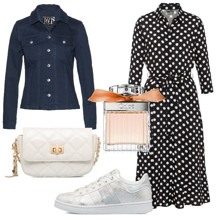 Outfit donna - Giacca in denim e chemisier. Stile Trendy per Tutti i giorni. Abbinamento con blazer, vestiti midi/longuette, profumi, borse a tracolla, sneakers.