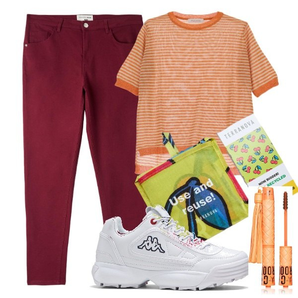 Outfit donna - Look da viaggio. Stile Basic per Tutti i giorni. Abbinamento con sneakers, mascara, pantaloni, shopping bag, maglieria.