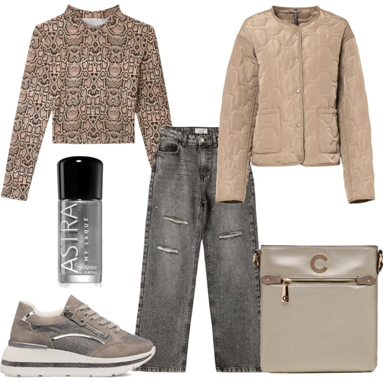 Outfit donna - Total look #1725661. Stile Casual per Tutti i giorni. Abbinamento con giacche, smalti, t-shirt, jeans strappati, sneakers alte, borse a tracolla.