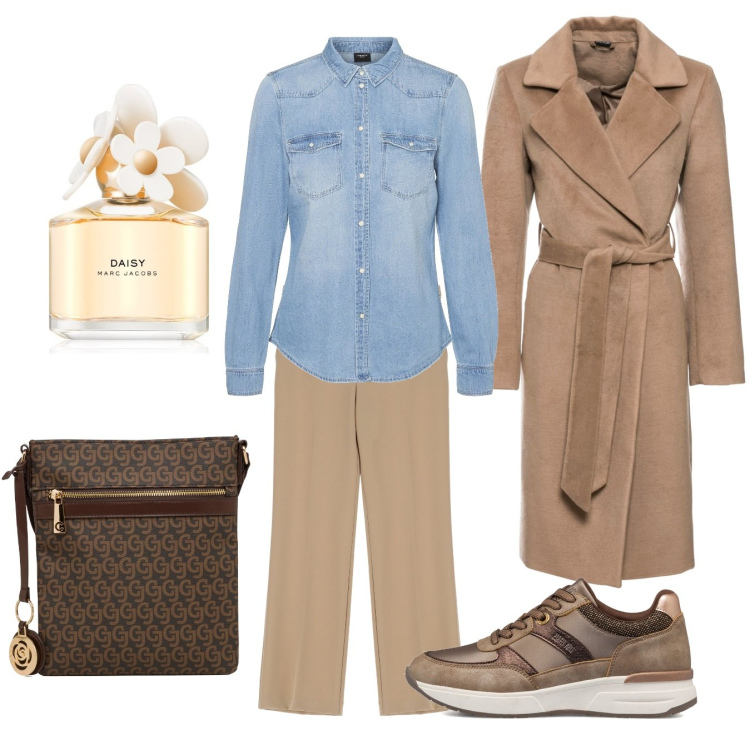 Outfit donna - Un tocco di denim. Stile Casual per Tutti i giorni. Abbinamento con cappotti, profumi, pantaloni, sneakers, camicie, borse a tracolla.