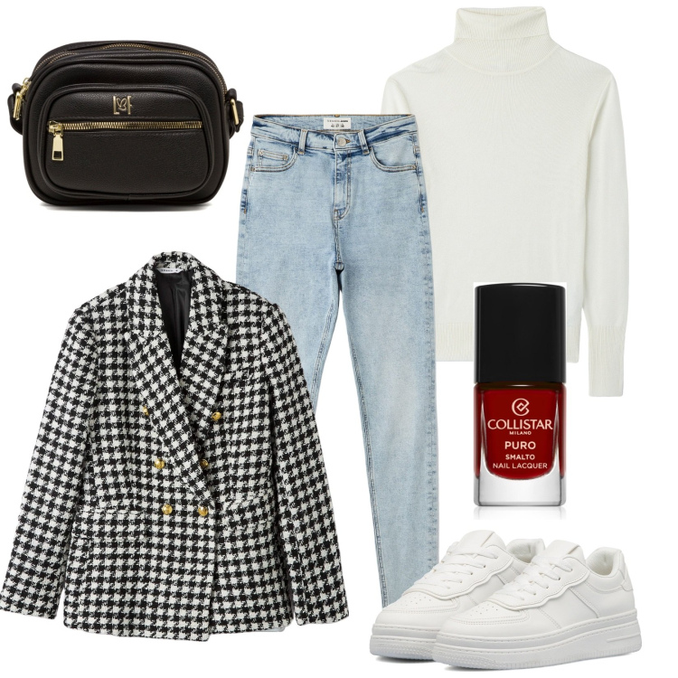 Outfit donna - Semplicità. Stile Basic per Tutti i giorni. Abbinamento con smalti, maglieria, jeans skinny, blazer, sneakers, borse a tracolla.