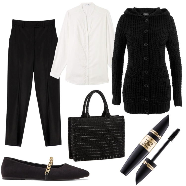 Outfit donna - Semplicità. Stile Minimal per Ufficio. Abbinamento con cardigans, ballerine, mascara, camicie, shopping bag, pantaloni.