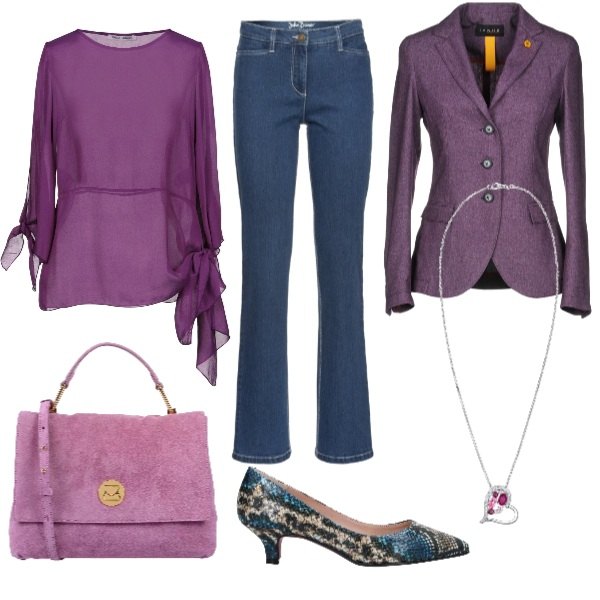 Outfit donna - Basic #15645. Stile Basic per Tutti i giorni. look ideale per Tall. Abbinamento con blusa senza tasche collo tondo con laccetti in seta crêpe, giacca con spacco posteriore collo con revers a maniche lunghe interno sfoderato in flanella tinta unita, décolleté con stampa a punta in pelle sintetica, borsa a mano con manico effetto scamosciato taglia media a scatto tinta unita, gonne lunghe, ciondoli.