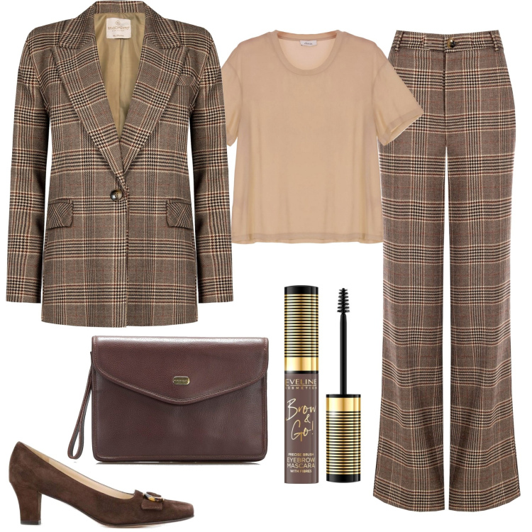 Outfit donna - Completo elegante. Stile Minimal per Ufficio. Abbinamento con borse a spalla, décolleté, mascara, cappotti, pantaloni, t-shirt.