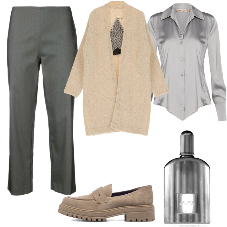 Outfit donna - Beige e grigio da abbinare. Stile Trendy per Ufficio. Abbinamento con pantaloni capri, profumi, maglieria, camicie, mocassini.