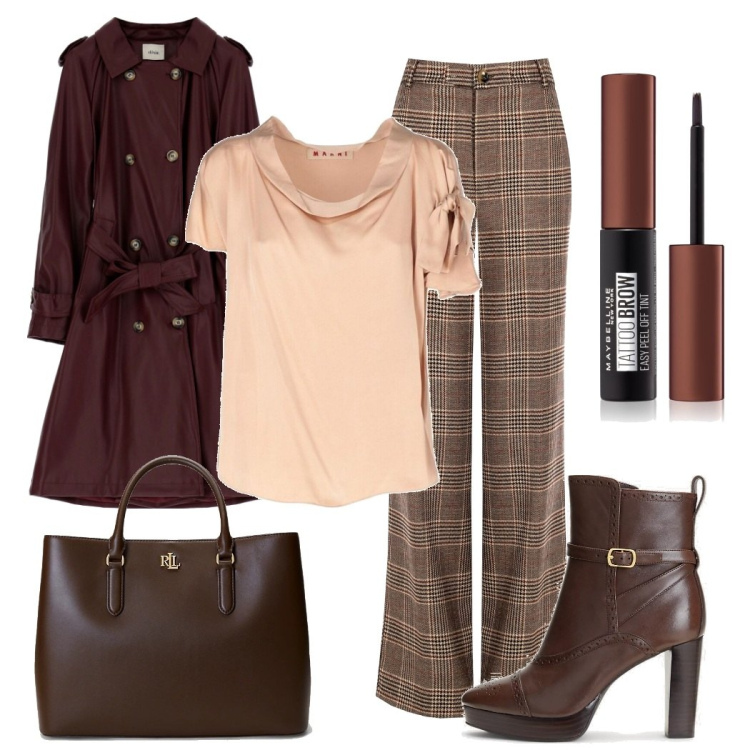 Outfit donna - Trench. Stile Basic per Ufficio. Abbinamento con bluse, eyeliner, pantaloni, stivaletti, borse a mano, trench.