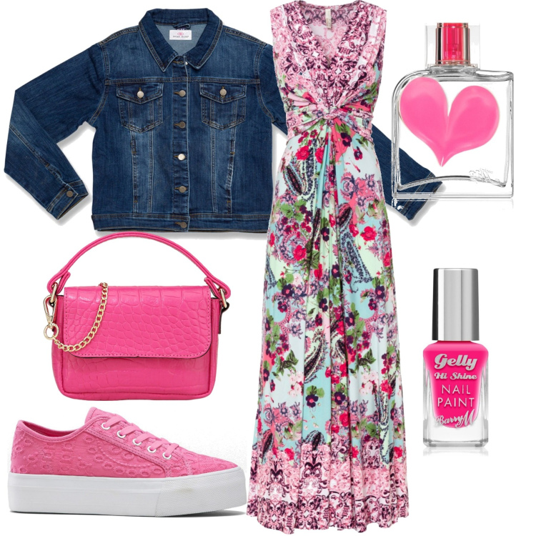 Outfit donna - Giacca jeans e sneaker rosa. Stile Glamour per Serata fuori. Abbinamento con vestiti lunghi, sneakers, profumi, smalti, pochette, cappotti.