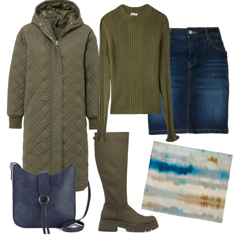 Outfit donna - Blue and green. Stile Casual per Tutti i giorni. Abbinamento con gonne, cappotti, borse a tracolla, maglieria, sciarpe, stivali.